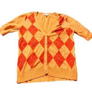 New York & Company Knit Argyle Short Sleeve Cardigan Sweater Orange Women's Sz M